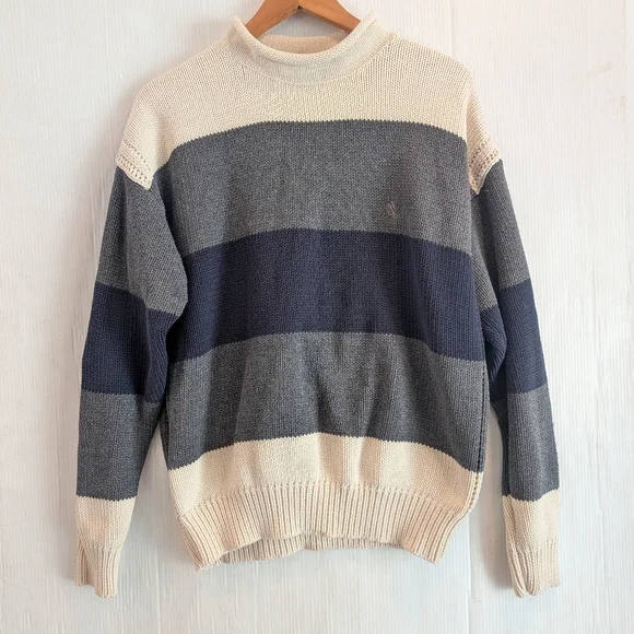 NAUTICA Women's Navy Gray & Cream Striped 100% Cotton Sweater Size Medium - Picture 2 of 10
